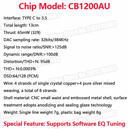 Type C to 3.5Mm Hifi DAC Earphone Amplifier USB C Audio Decoder AMP Adapter CB1200AU Chip Sound Card Digital Decoder for Android