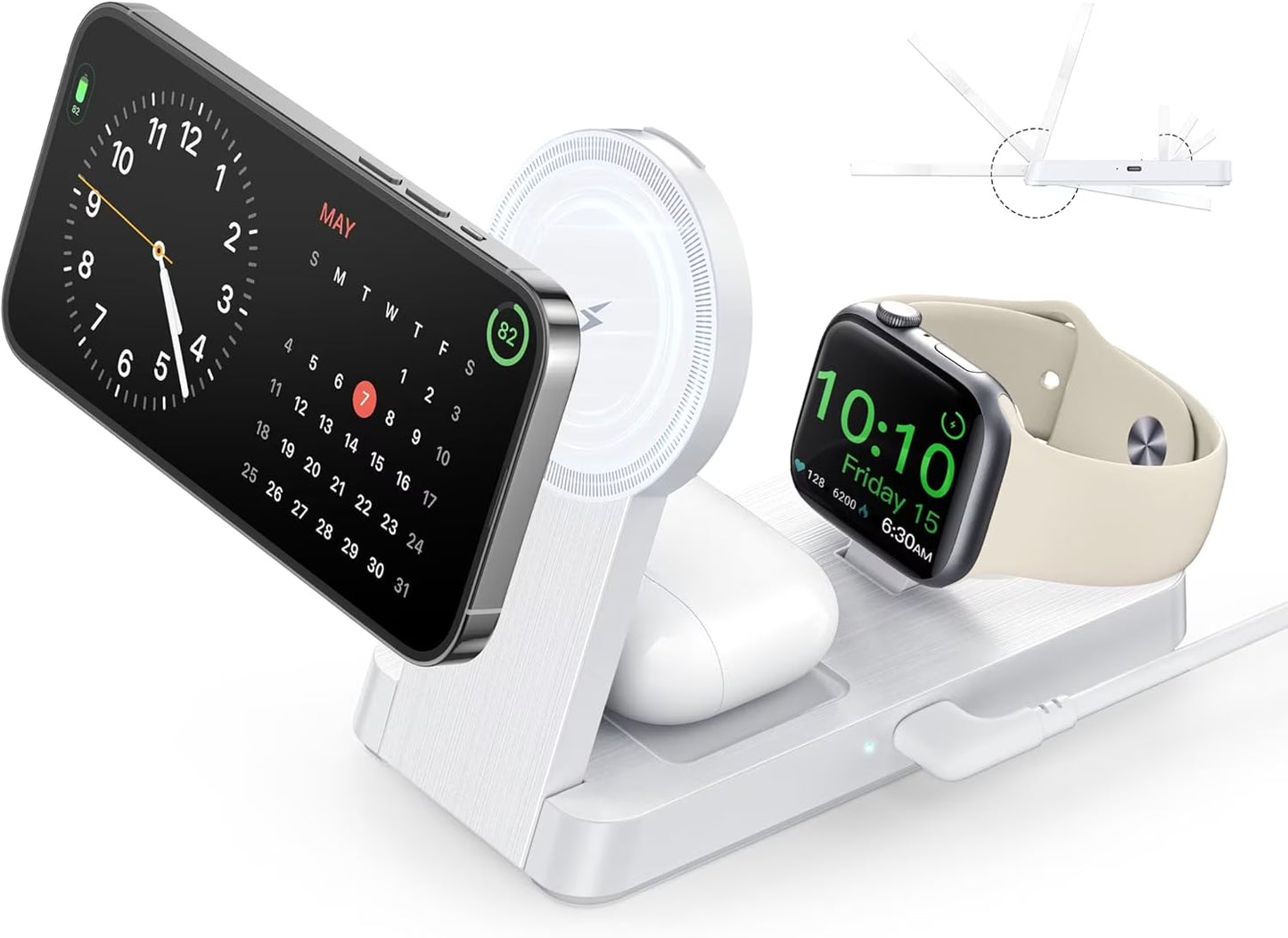 3 in 1 Charging Station - 2026 Foldable Wireless Charger Compatible for Iphone 17/16/15/14/13/12 plus Pro Max, Iwatch & Airpods, White